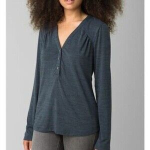 Prana Blanche Top Dark Gray Jersey-Knit V-Neck Long Sleeve Women's Size Large